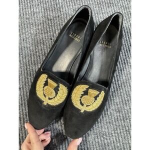 Stuart Weitzman Black Gold Embroidered Velvet Suede‎ Slip-On Loafer Flats 7.5